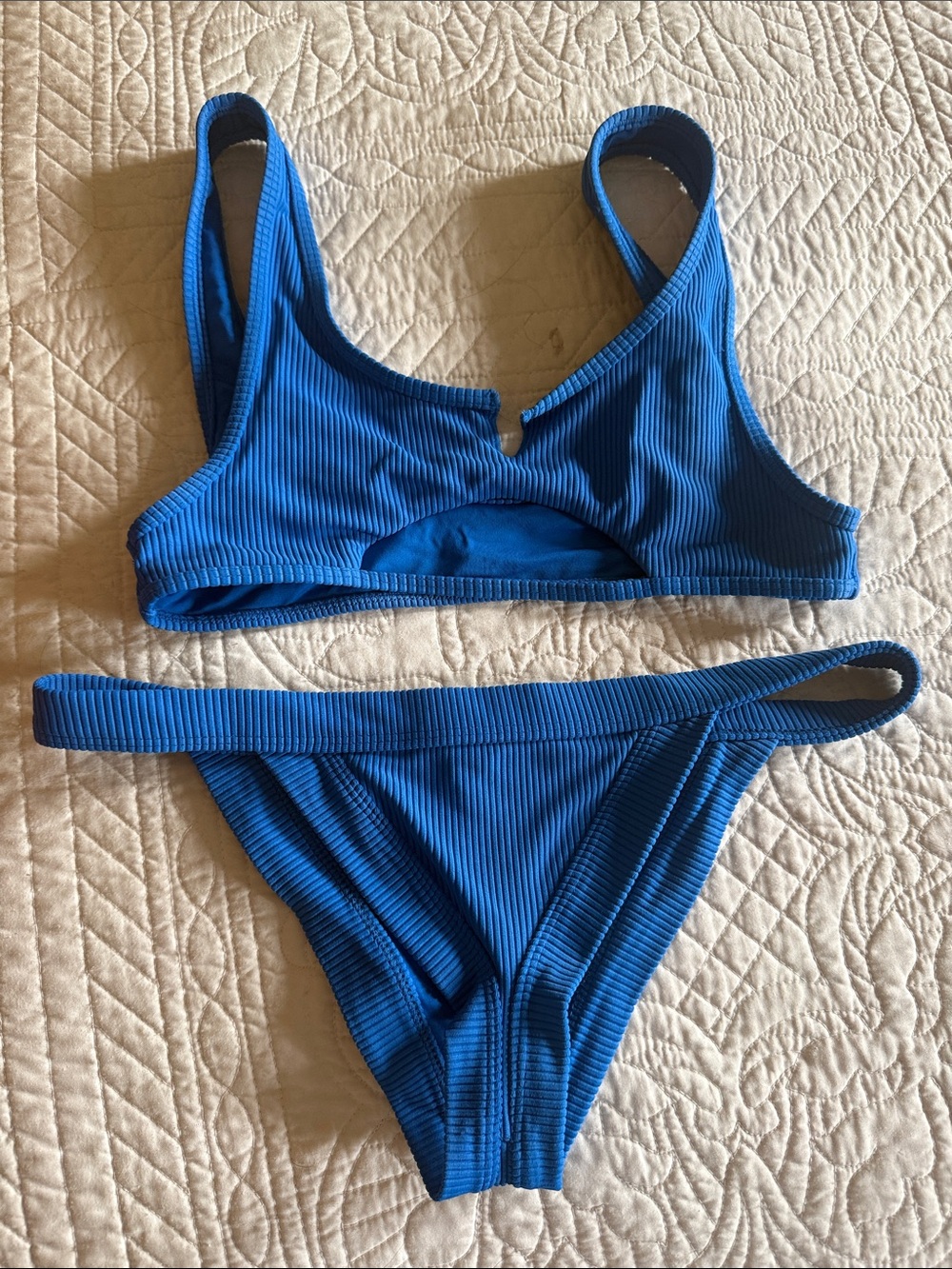 Frankie’s Blue Ribbed Women’s Two-Piece Swim Bikini Set- Top (M) Bottoms (L)